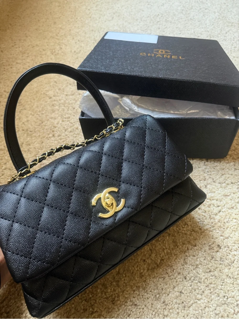CHANEL Black Quilted Caviar Leather Top Handle Satchel with Gold Hardware